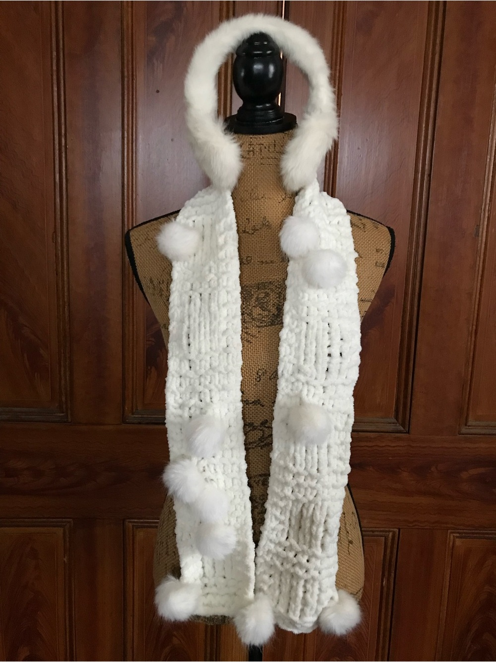 Vintage Ivory Boho Victorian-inspired Knit Faux Fur Balls & Rabbit Fur Ear Muffs